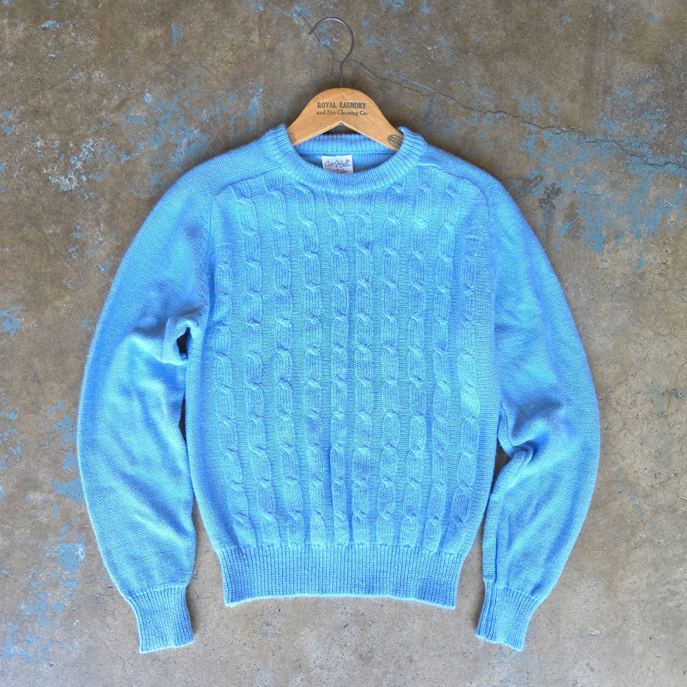Vintage 80's Baby Blue Cable Knit Sweater Size S Crew Neck Preppy Rory Gilmore